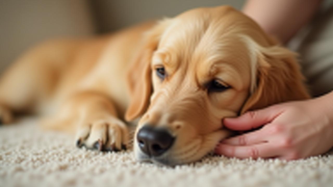 A gentle golden retriever lying calmly with a person's hand stroking its fur, conveying deep relaxation and connection.
