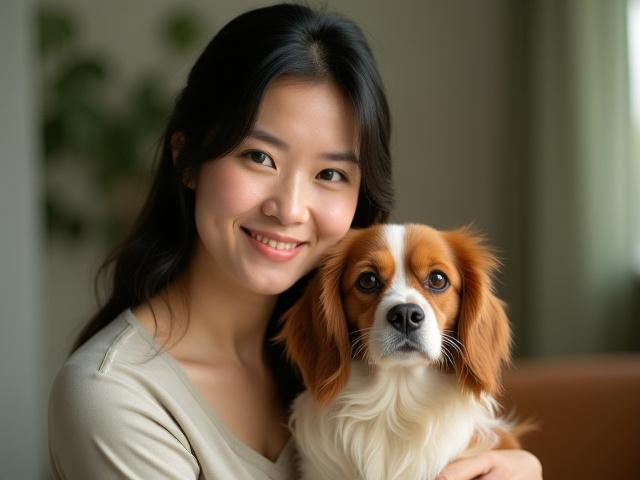 Therapist Maya Lee engaging with a therapy dog, smiling gently in a natural setting.